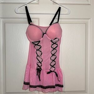 Pink and Black Sexy Lingerie size medium Barbie pink sheer lace trim nighty bow
